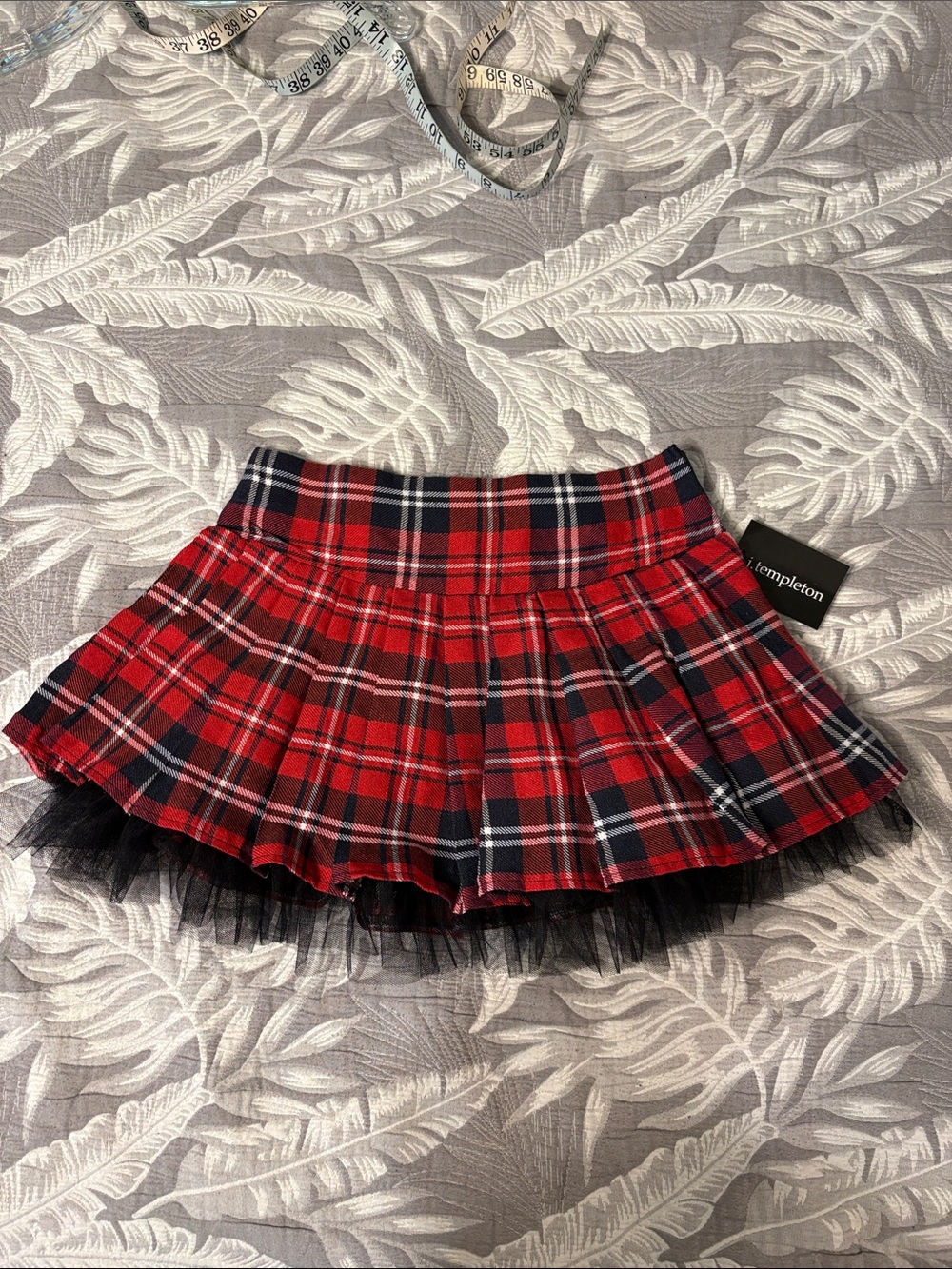 Red Plaid Pleated Mini Skirt with Black Tulle Hem